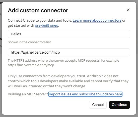Claude Add custom connector form with the name Helios and the remote MCP server URL