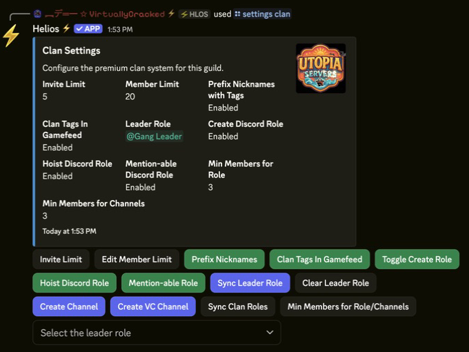 Clan settings panel showing role, channel, and member limit controls