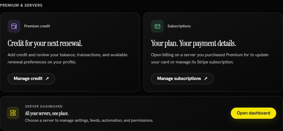 Current account settings shortcuts for credit, subscriptions, and the server dashboard