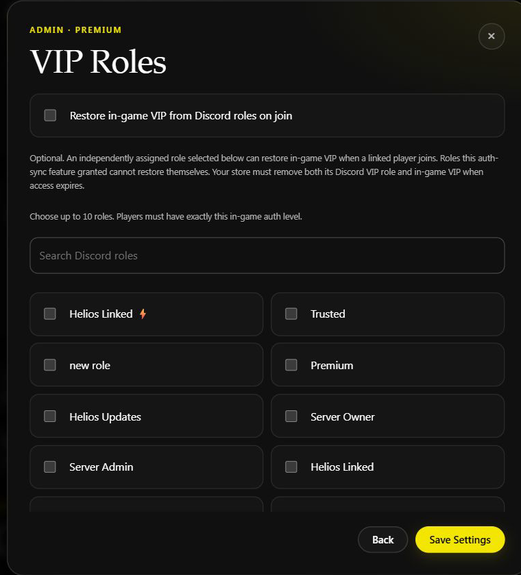 VIP role choices with the optional restoration switch off