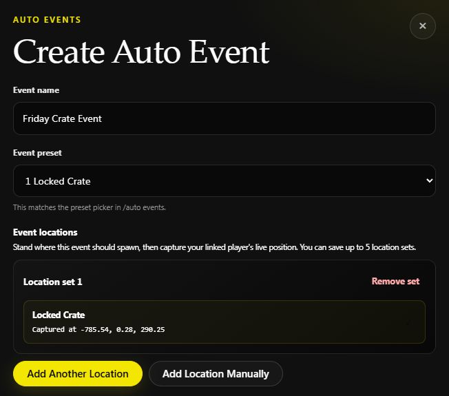 Auto Event editor showing the Friday Crate Event preset and a real captured test-server location