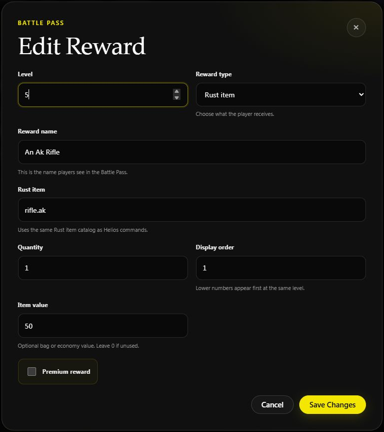 Editing the existing level 5 Assault Rifle reward, showing its shortname, quantity and premium checkbox