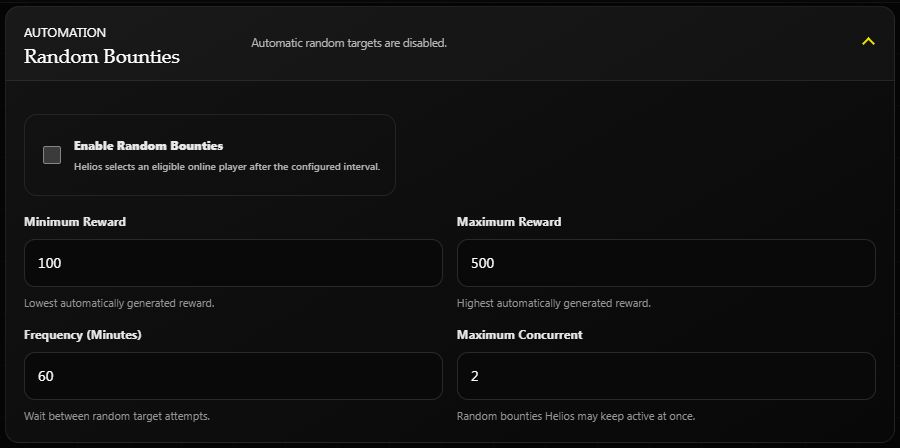Random bounty settings with 100 to 500 rewards, a 60-minute interval, a maximum concurrent value of 2, and automatic targets currently disabled