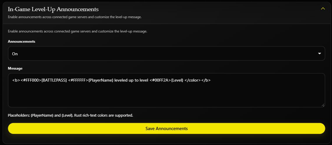 In-game level-up announcement controls with the saved message