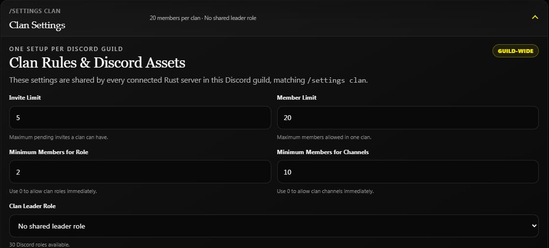 Clan limits and Discord asset minimums on the dashboard