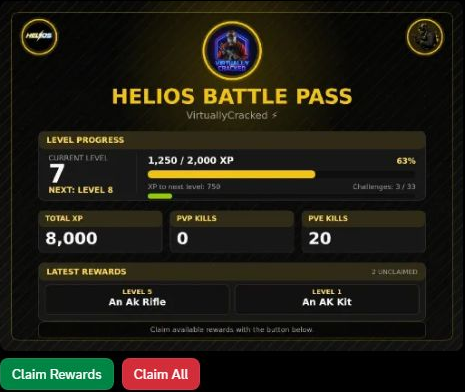 Battle pass progress with the saved level 5 reward and claim buttons