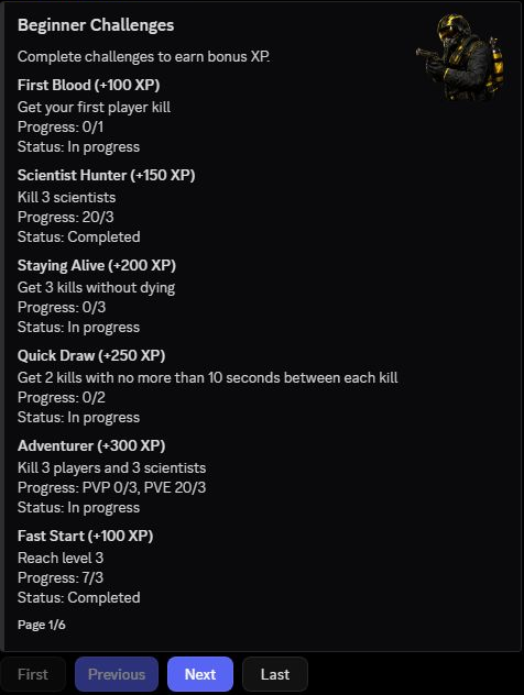 Player challenge page showing tracked goals, progress, and page controls