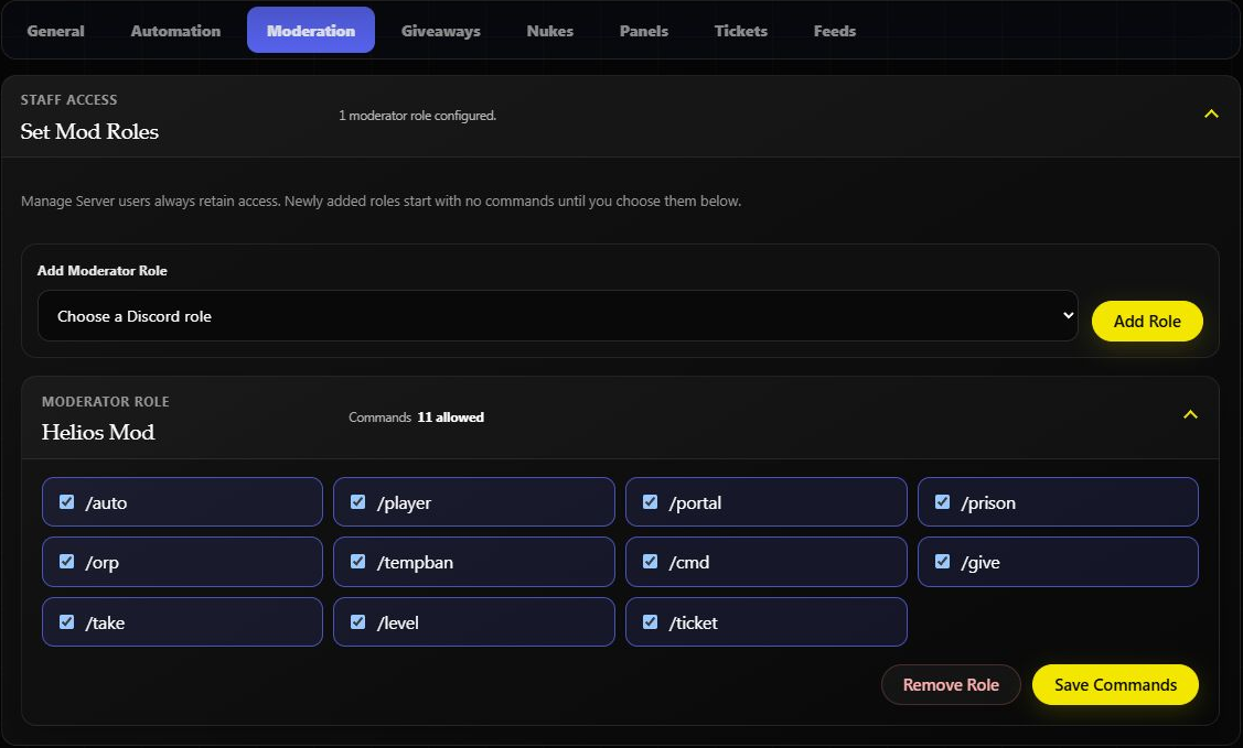 Existing Helios Mod role with command checkboxes and Save Commands