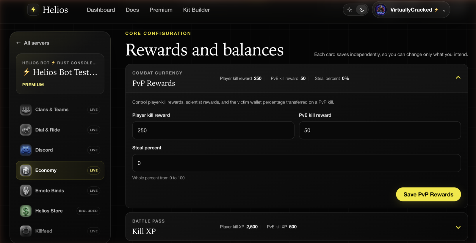 The PvP Rewards card expanded, showing its input fields and its own Save button