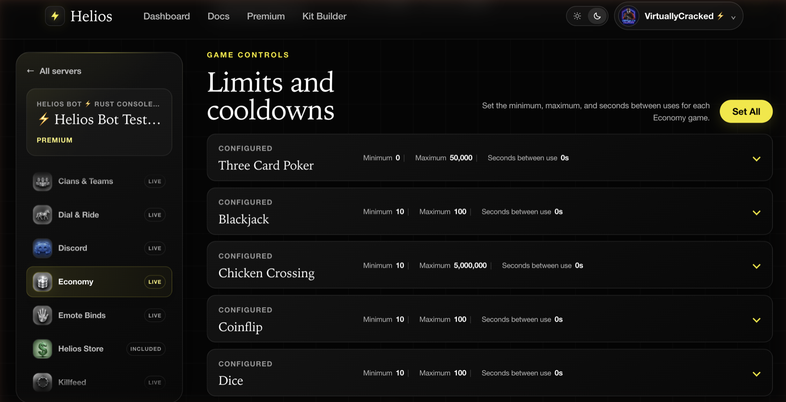 The Limits and cooldowns section listing economy games with their minimum, maximum, and cooldown values