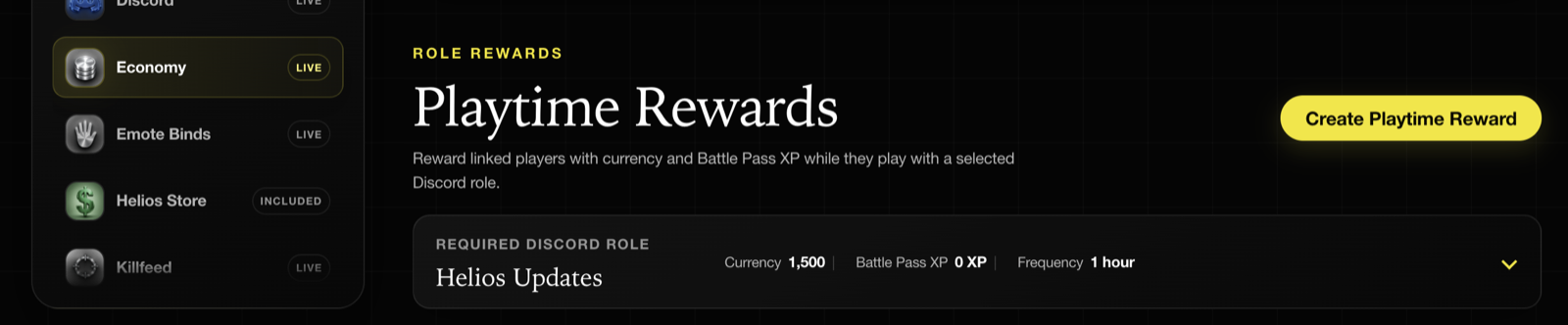 The Playtime Rewards section showing a reward tied to a Discord role with its currency, XP, and frequency