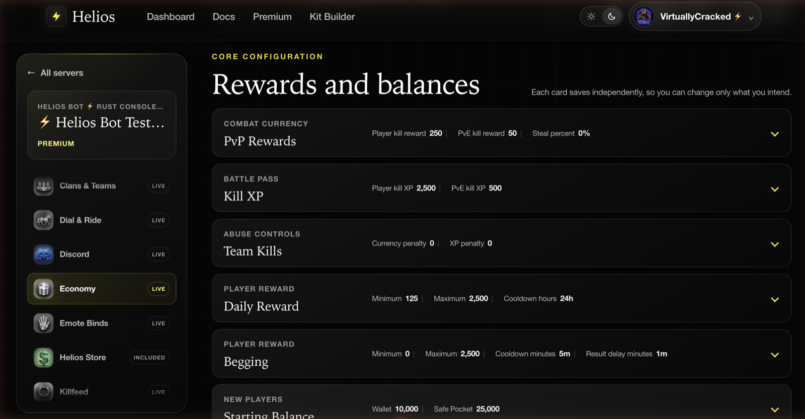 The Rewards and balances section showing six collapsed cards with their current values
