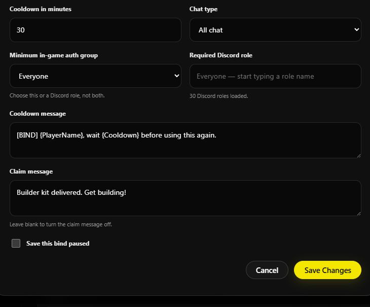 Access controls, cooldown and claim messages, and the Save Changes button