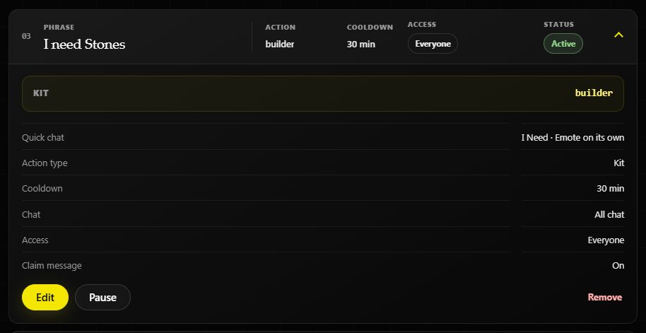 Saved builder bind with Active status and Edit, Pause, and Remove controls