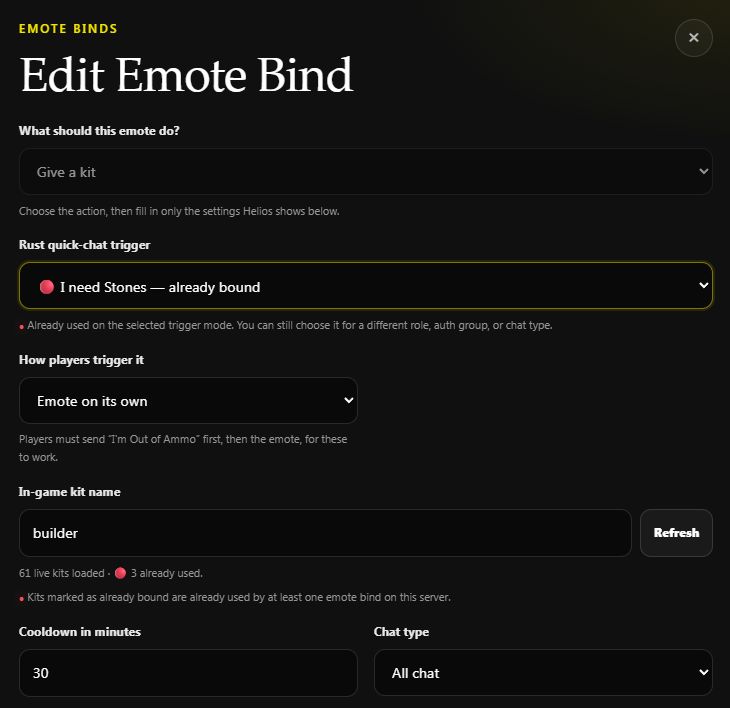 Editing the builder kit bind with I need Stones and a 30 minute cooldown