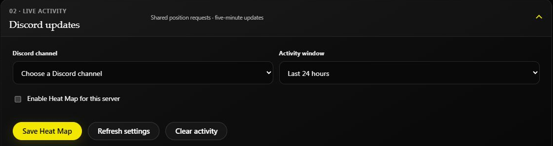 Discord channel, activity window, enable toggle, and Save Heat Map controls