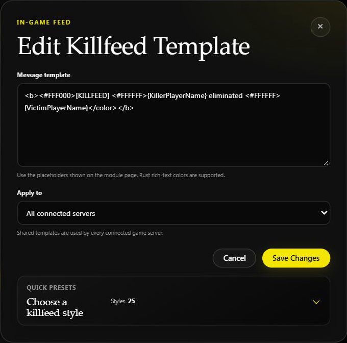 The template editor showing the message and shared-server scope