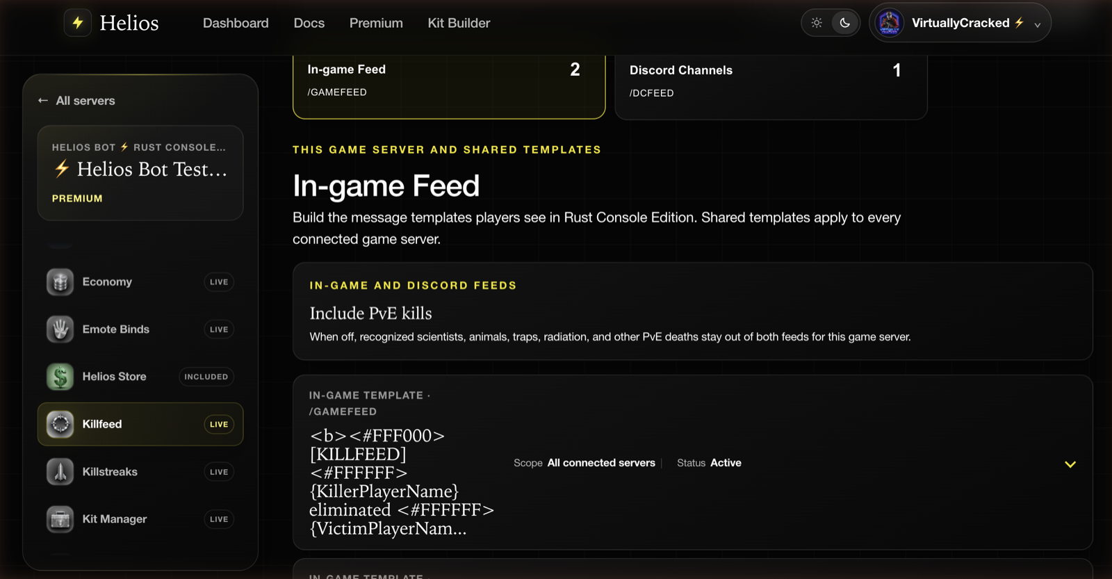 The In-game Feed tab in the Helios dashboard showing the PvE toggle and a saved template