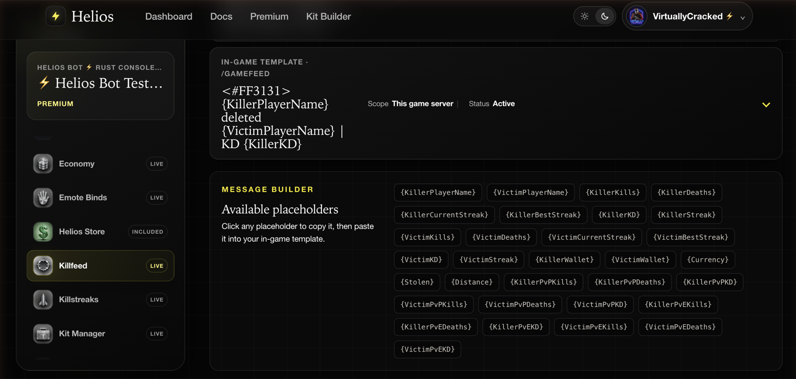 The Available placeholders palette showing every supported killfeed placeholder as a clickable chip