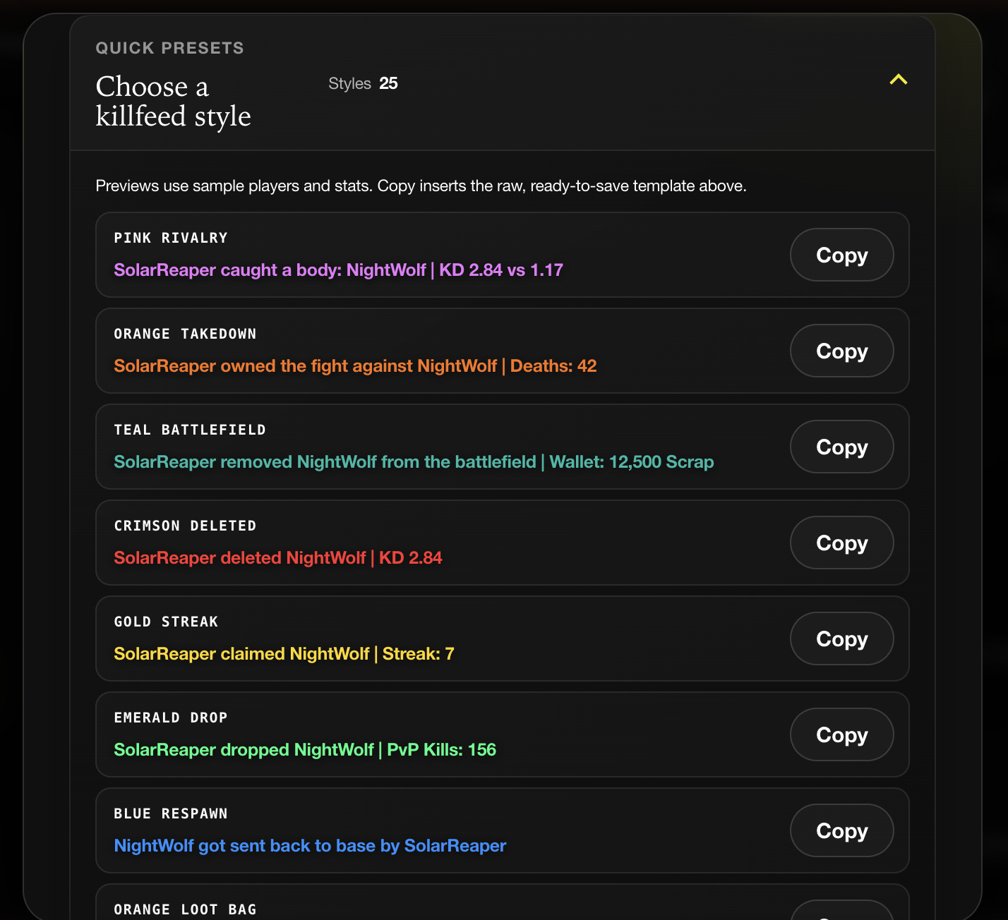 The quick preset list rendering each killfeed style in its actual colors with sample player names