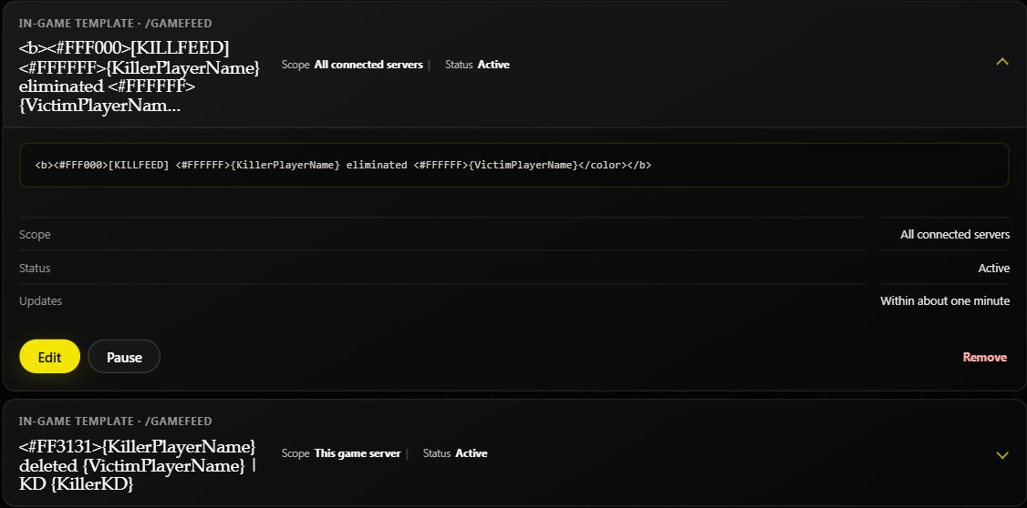 A shared template and a server-only template with their scope and active status