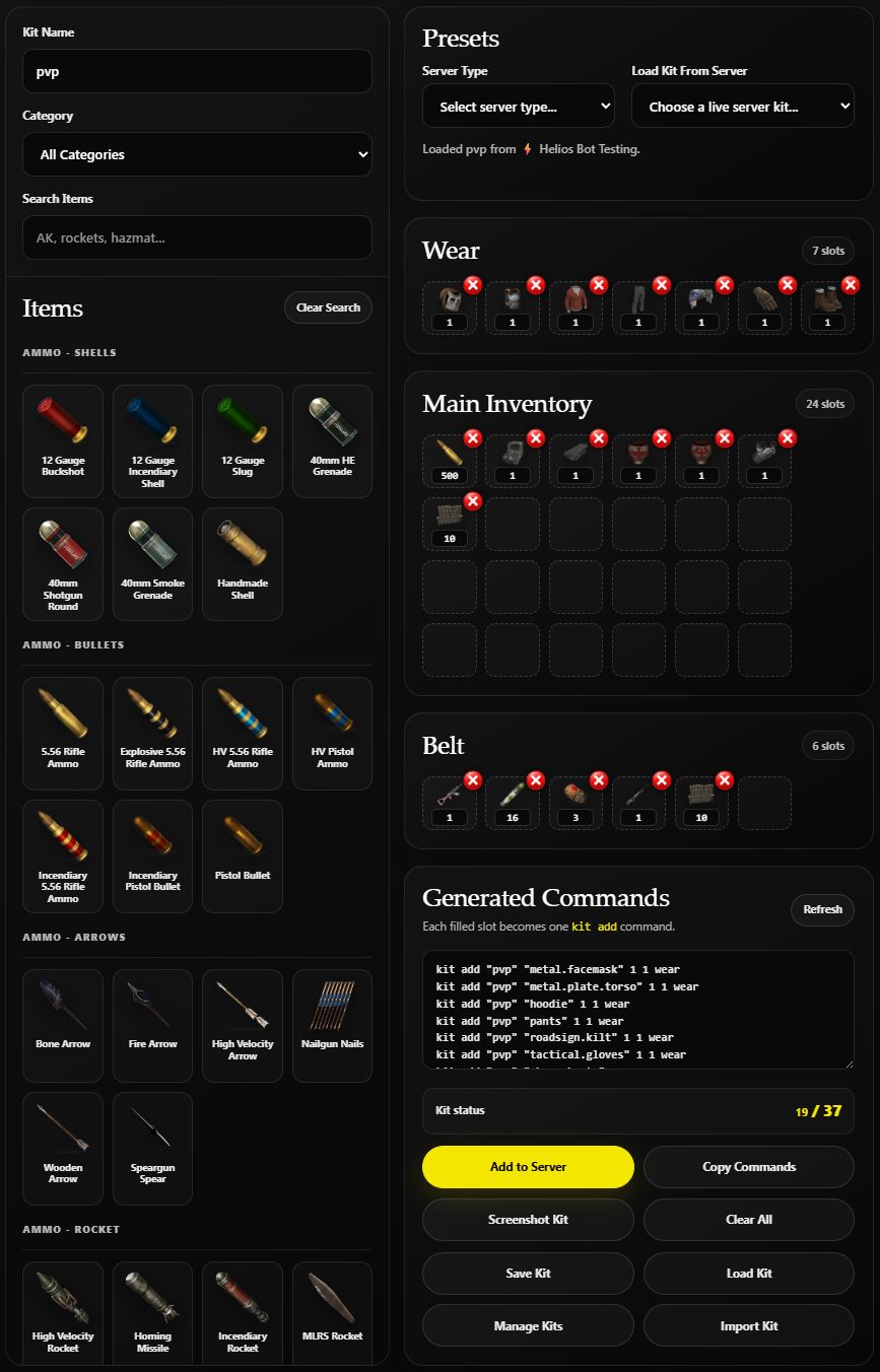 The test server's pvp kit loaded into the dashboard builder, showing equipment, item quantities, live-kit loading, and Add to Server