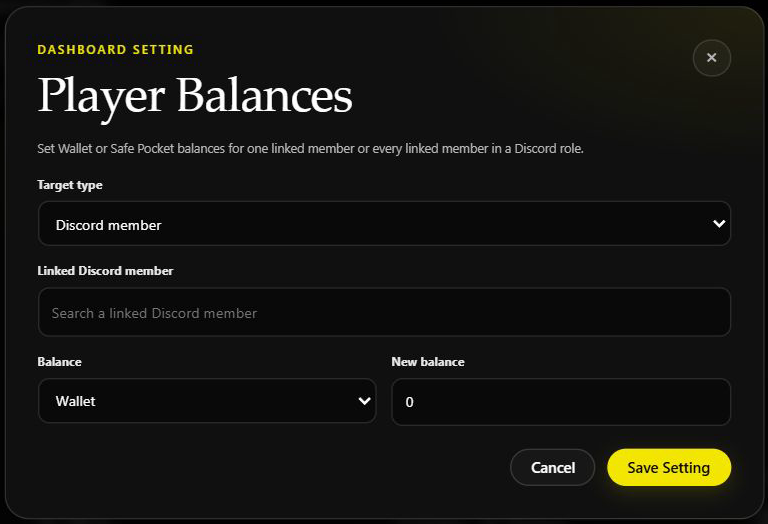 Player Balances form showing the target, balance type and new total