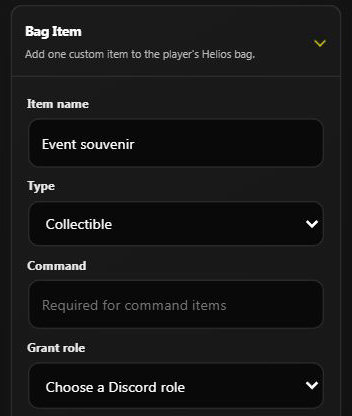 Bag reward form showing a name, item type, command and role fields