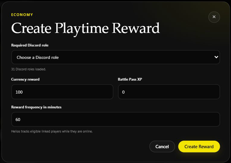 Unsaved dashboard playtime reward form showing role, amounts and frequency