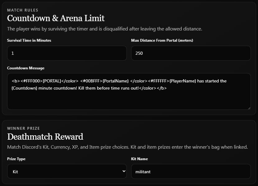 Saved Deathmatch portal with a one-minute survival timer, a 250-metre arena limit, and the militant kit as its prize