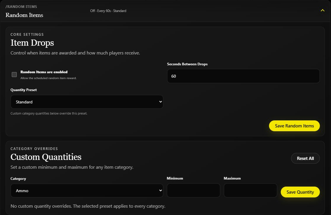 Random Items timing, quantity preset, and category overrides