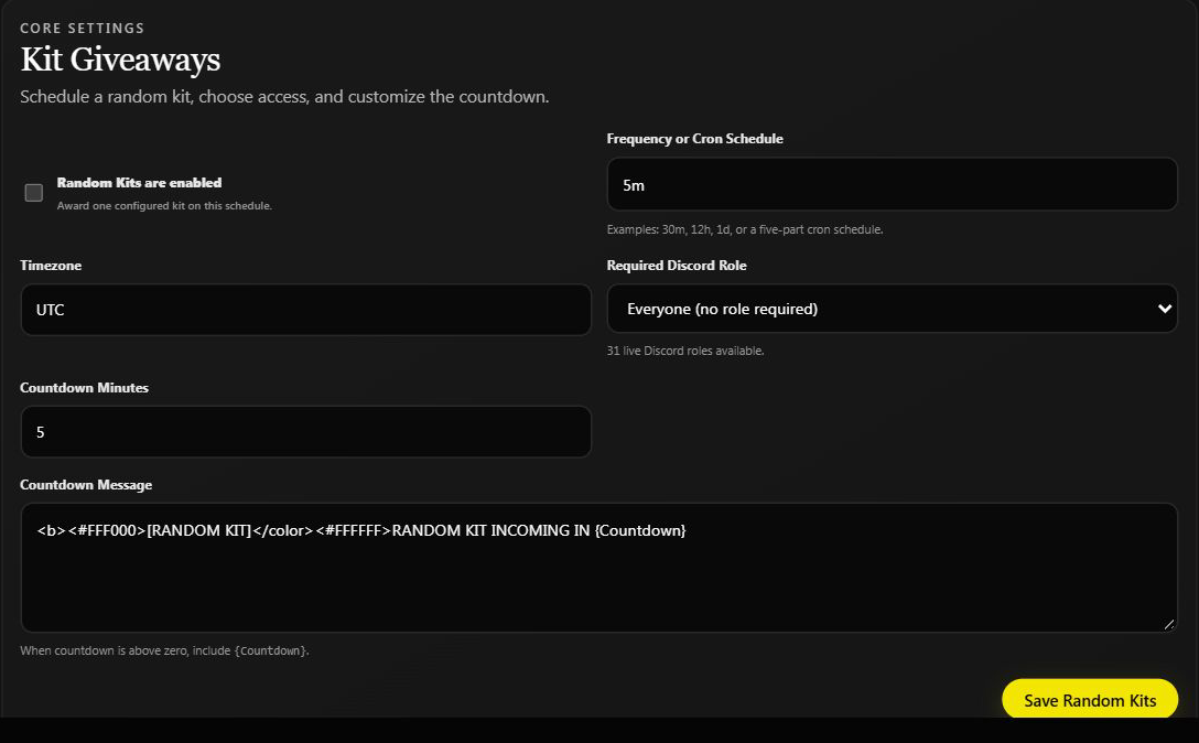 Random Kit schedule, role requirement, and countdown controls, with the feature switched off
