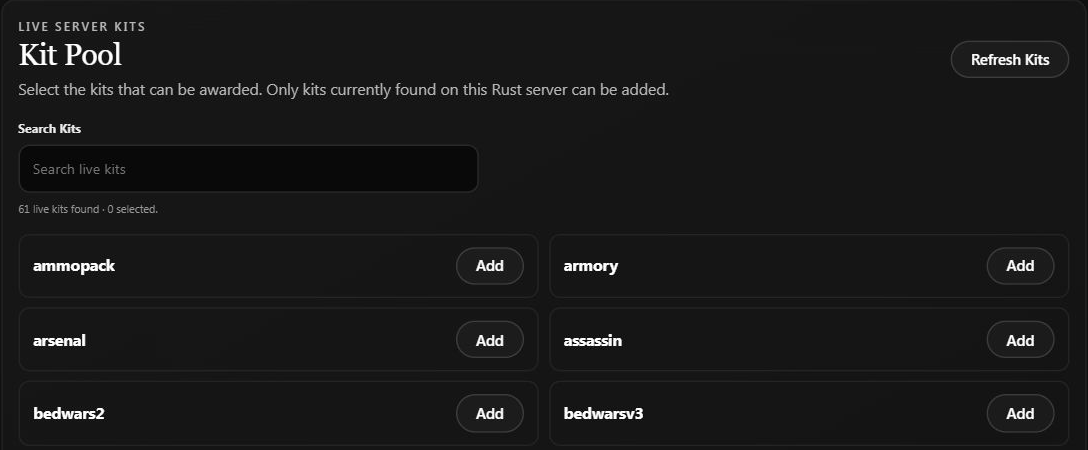 Kit Pool showing available server kits and Add buttons, with no kits selected