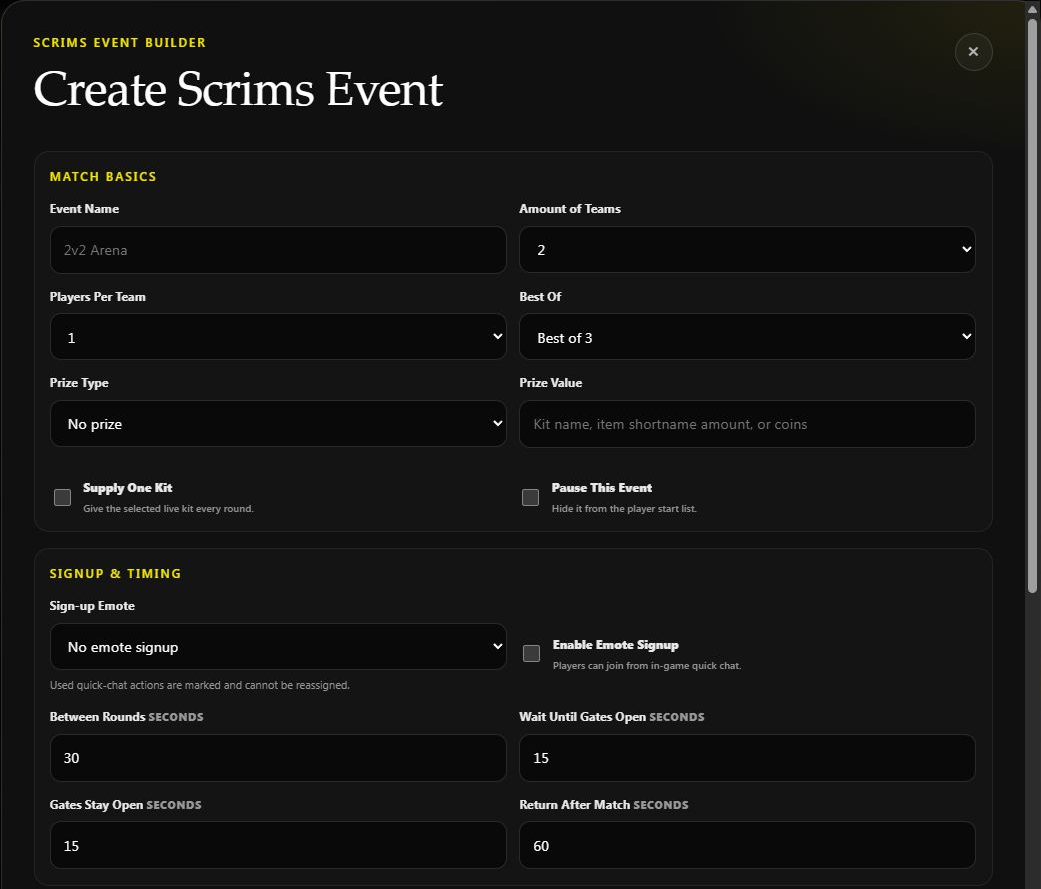 Unsaved Scrims event builder with team, kit, prize, and timer fields