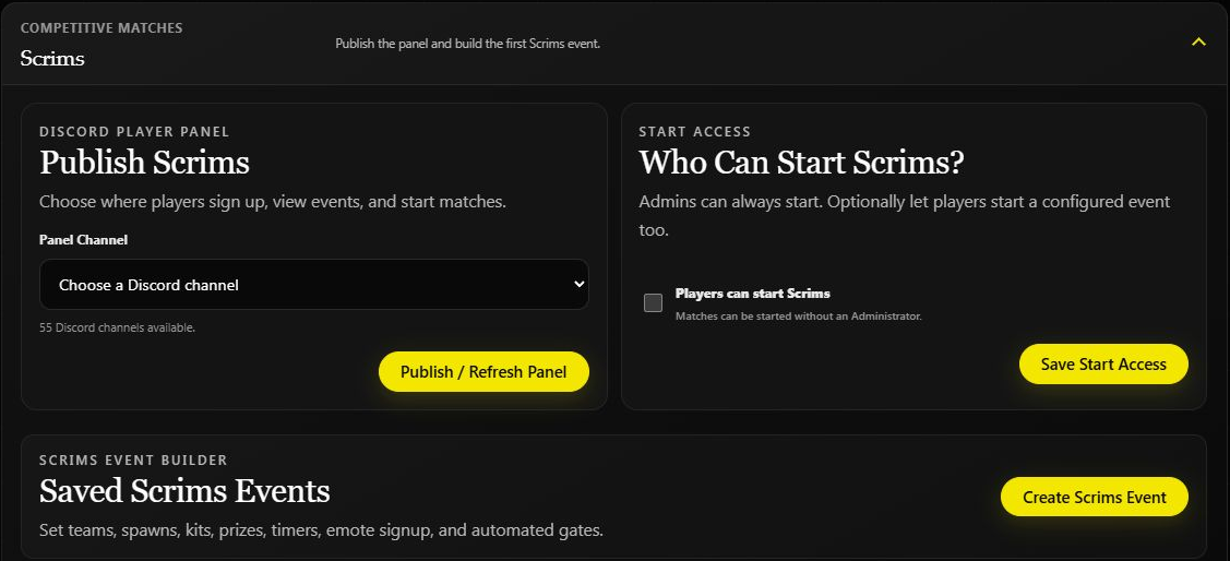 Scrims panel publishing, start access, and event creation controls