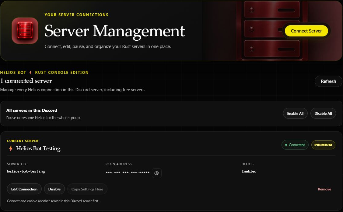 Server Management with masked RCON address and connection controls