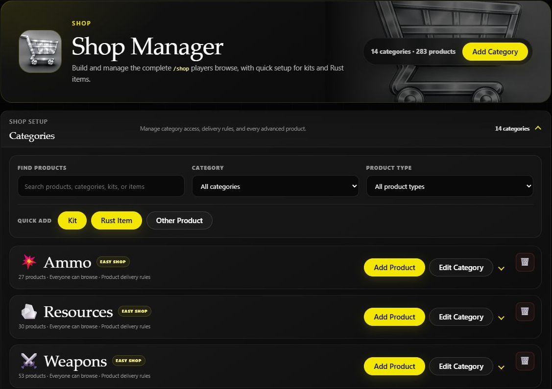 Dashboard shop categories and product creation choices