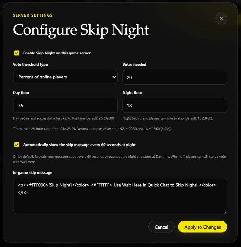 Skip Night settings showing the vote threshold, day and night hours, automatic reminder, and player message