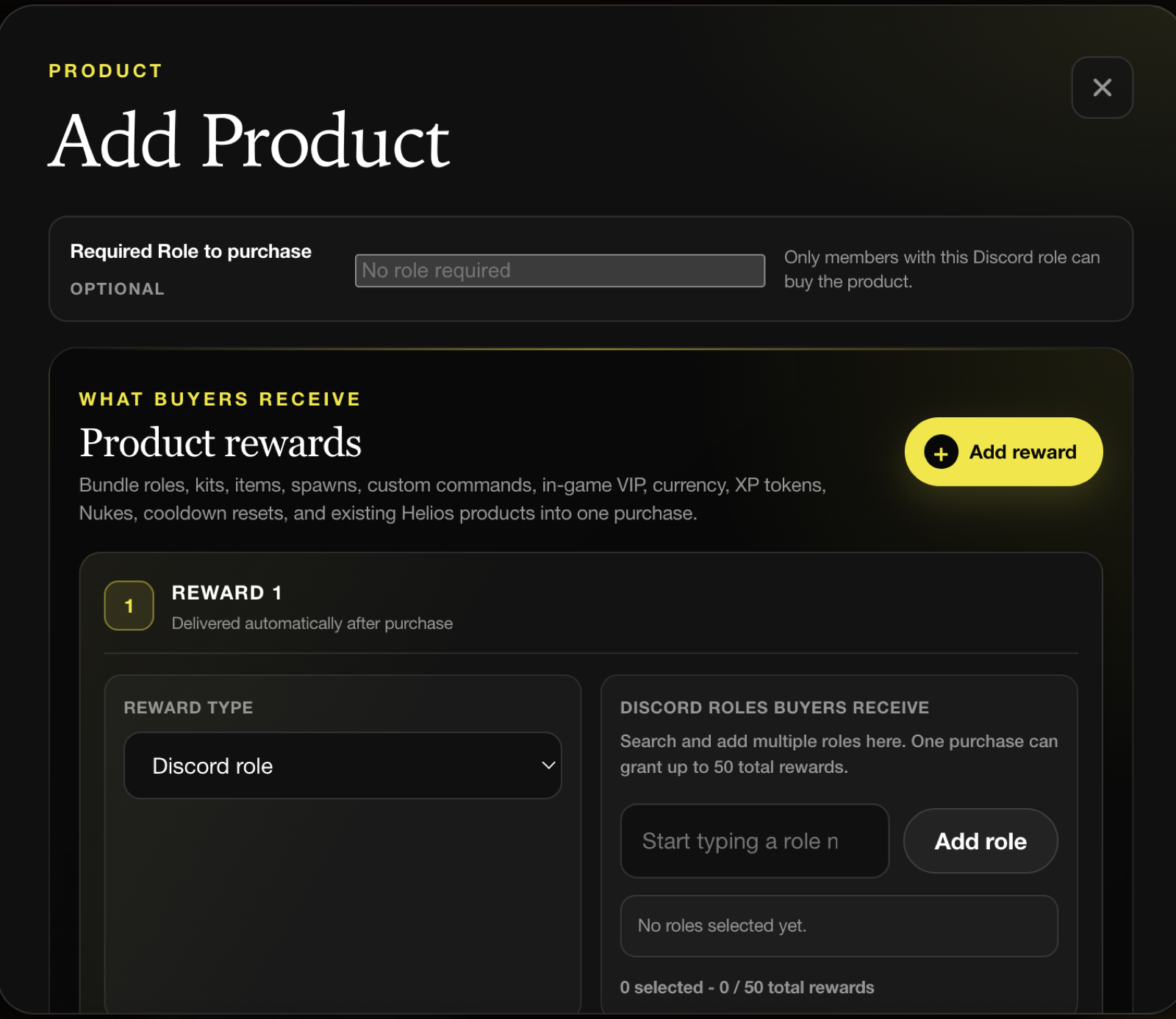 The Add Product dialog showing the reward builder and Discord role picker