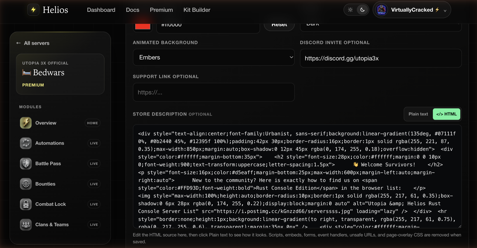 The lower half of the branding panel with animated background, Discord invite, and the HTML store description