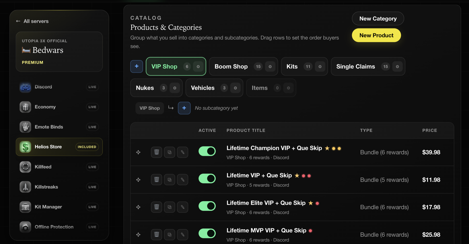 The Products tab showing the category row and the product table