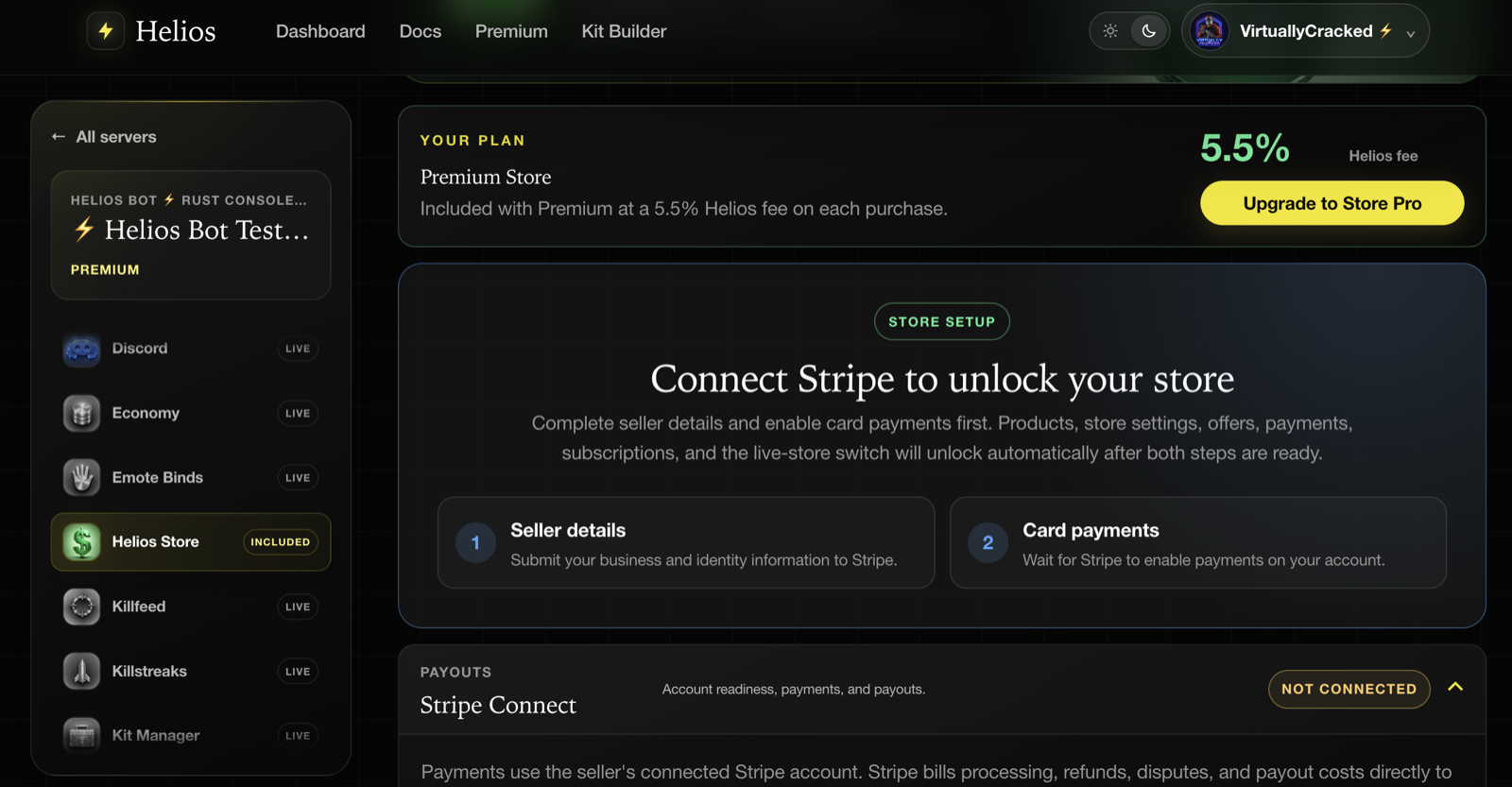 The Helios Store module before Stripe is connected, showing the two-step setup gate