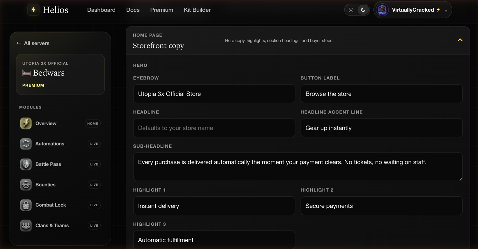 The Storefront copy panel showing hero eyebrow, headline, sub-headline, and highlights