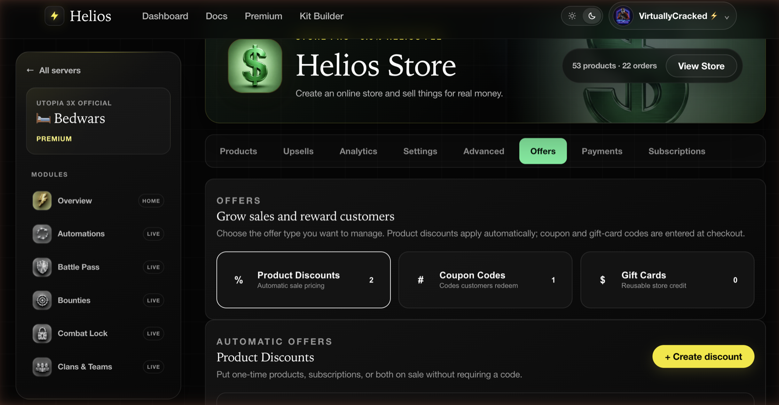 The Offers tab showing product discounts, coupon codes, and gift cards