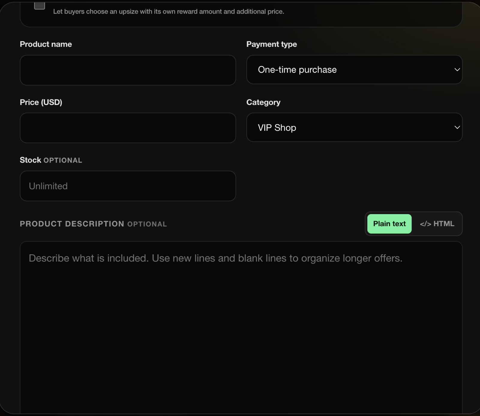 The lower half of the Add Product dialog with name, payment type, price, category, stock, and description