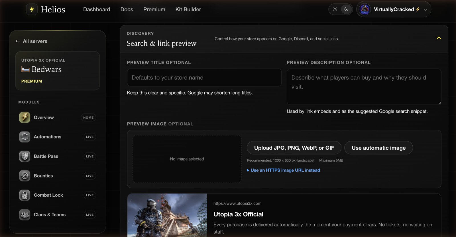 The Search and link preview panel with a live preview card