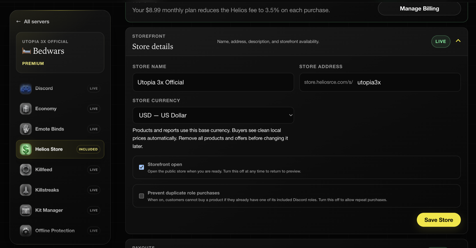 The Store details panel with store name, address, currency, and the storefront open switch