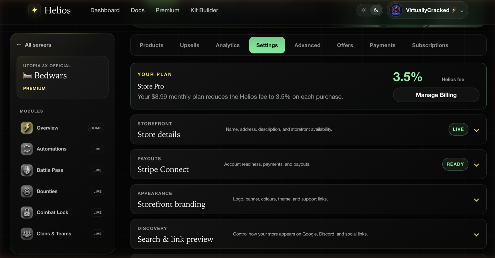 The Settings tab showing the plan card and the five settings sections