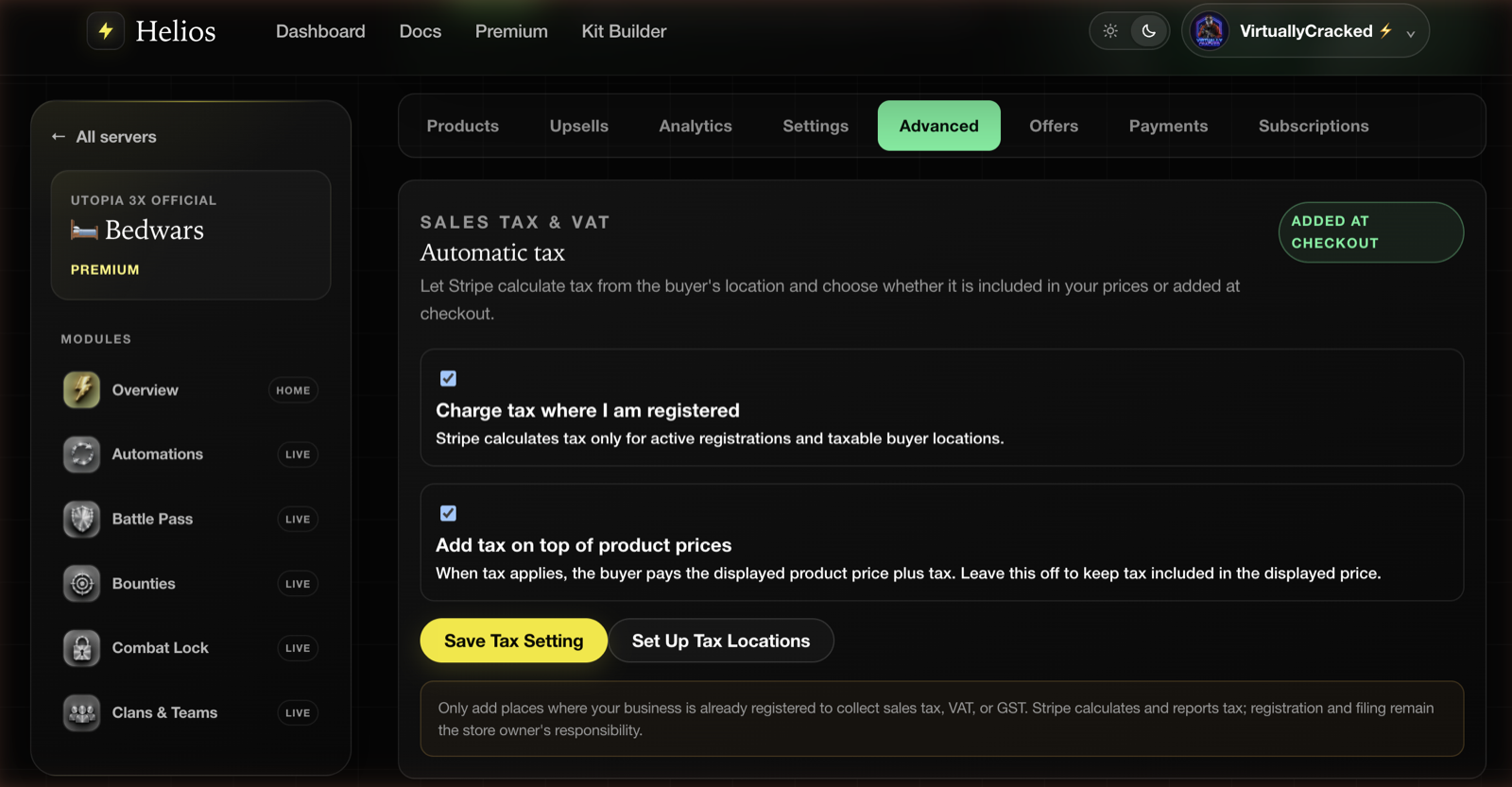 The Automatic tax panel with the registration and tax-behavior switches