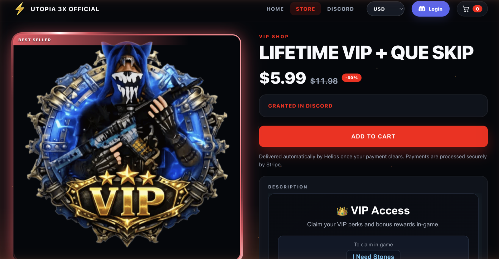 A storefront product page showing a discounted price, reward type, and add to cart